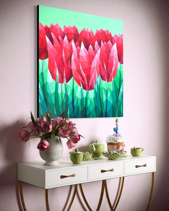 SCARLET TULIPS ON GREEN