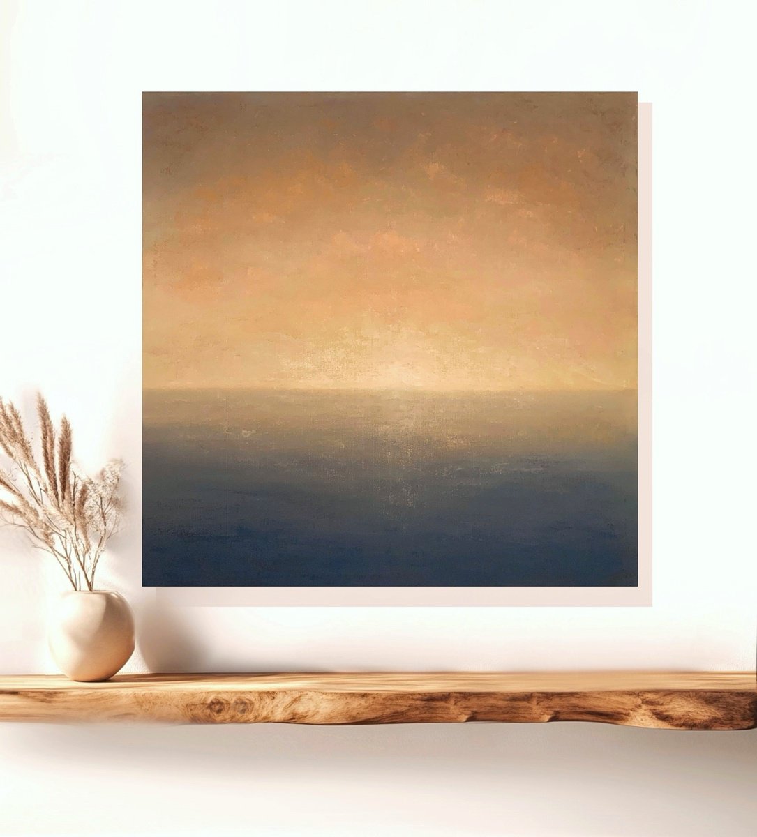 Impressionistic Abstract Oil Painting By Alena Post, 39 X 39, Zero Dawn, Minimalist Seascape, Original Artwork