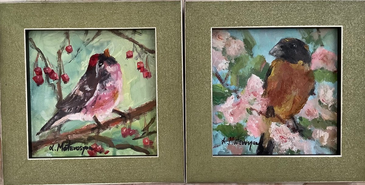 Impressionistic Animal Oil Painting By Lia Matevosyan Haselton, 16 X 8", Birds, Original Artwork