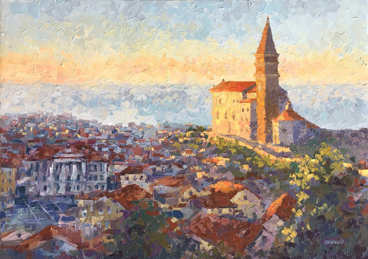 Impressionistic Landscape Oil Painting By Oxypoint, 28 X 20", "Piran, Slovenia", Original Artwork
