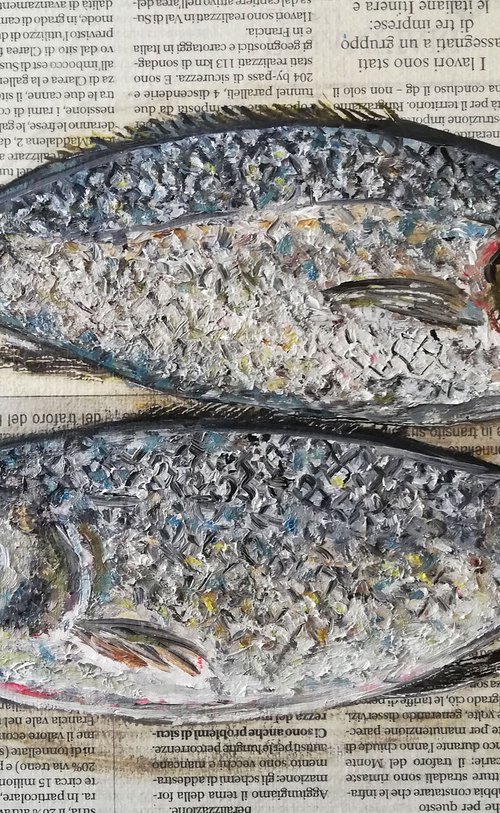 "Scaled Sea Brass Fishes on Newspaper" Original Oil on Canvas Board Painting 12 by 8 inches (30x20 cm) by Katia Ricci