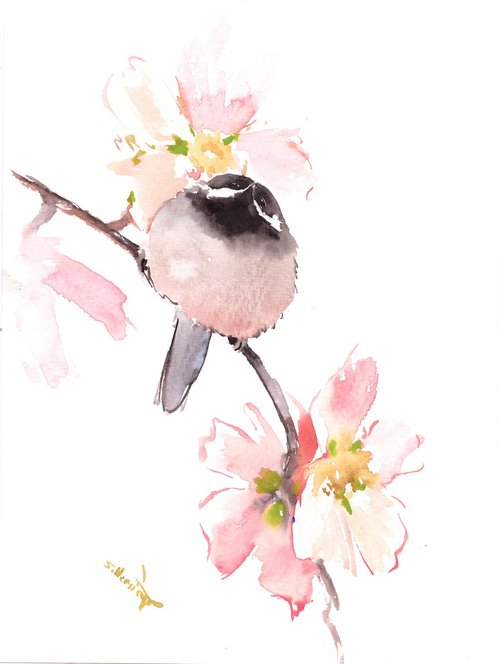 Fluffy Chickadee and Spring Flowers by Suren Nersisyan
