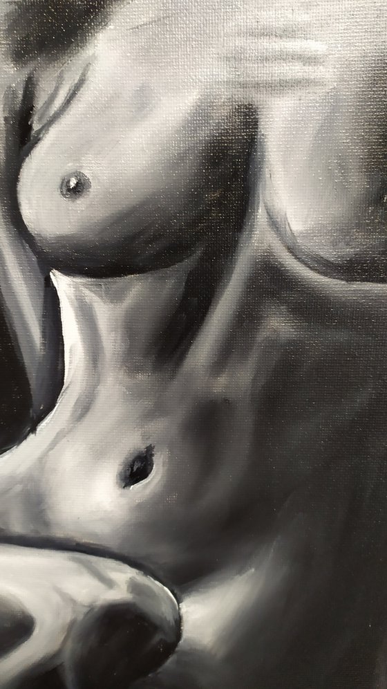 Morning, small nude erotic girl sitting oil painting, gift, bedroom painting