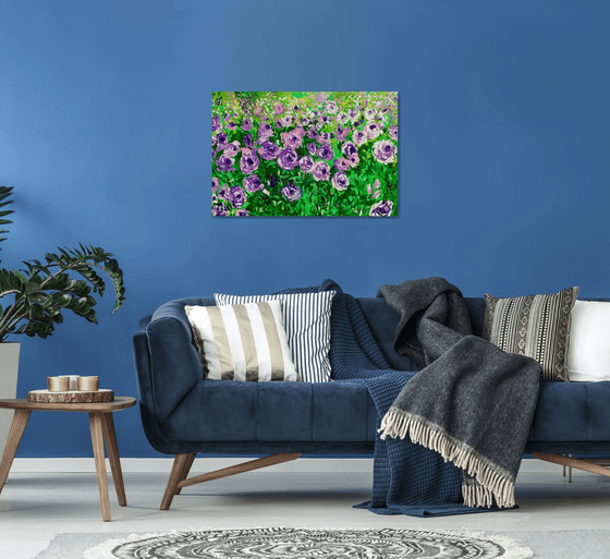 FIELD OF PURPLE PINK WHITE  ROSES  palette knife modern decor MEADOW OF FlOWERS, LANDSCAPE,  office home decor gift