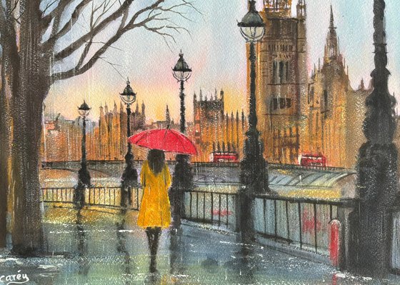 London scene, walking in the rain.