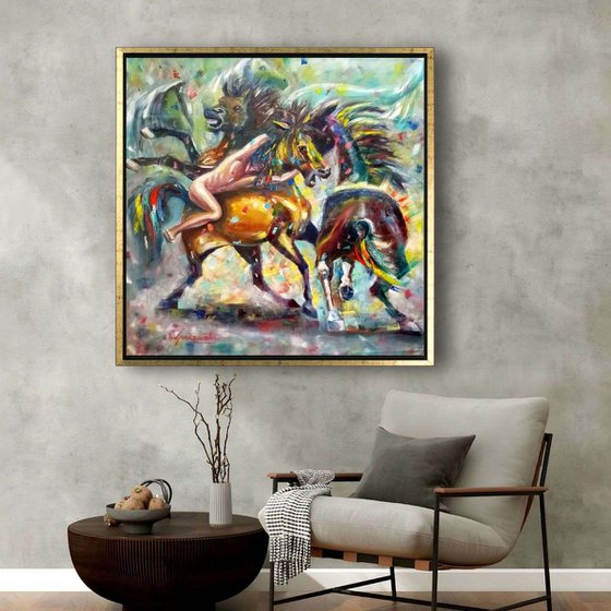 Dynamic Horse Painting 'Rapa das Bestas' Galician Festival, Impressionistic Oil Painting