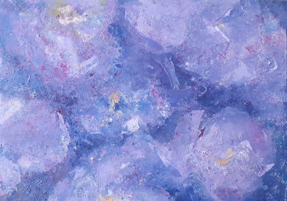 Abstract Botanical Oil Painting By Olga Onopko, 28 X 20", Purple Snowdrops, Original Artwork