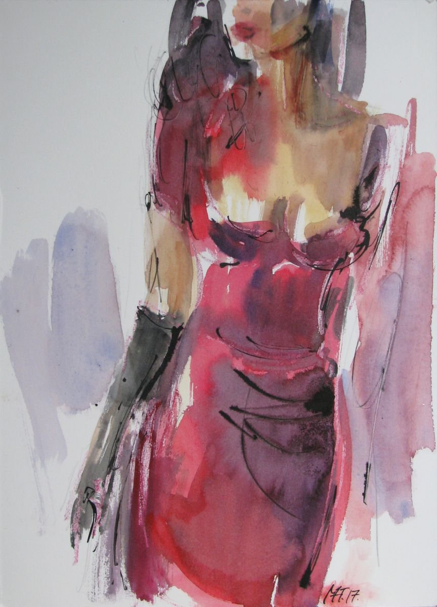 Graphic Portrait Ink Drawing By Nelina Trubach-Moshnikova, 10 X 14", Red Dress, Original Artwork