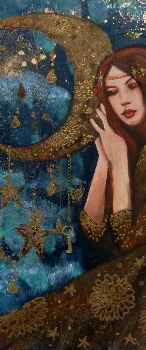 "The key to dreams". Dreaming woman on a wooden panel 30 x 30 cm. by Loetitia Pillault