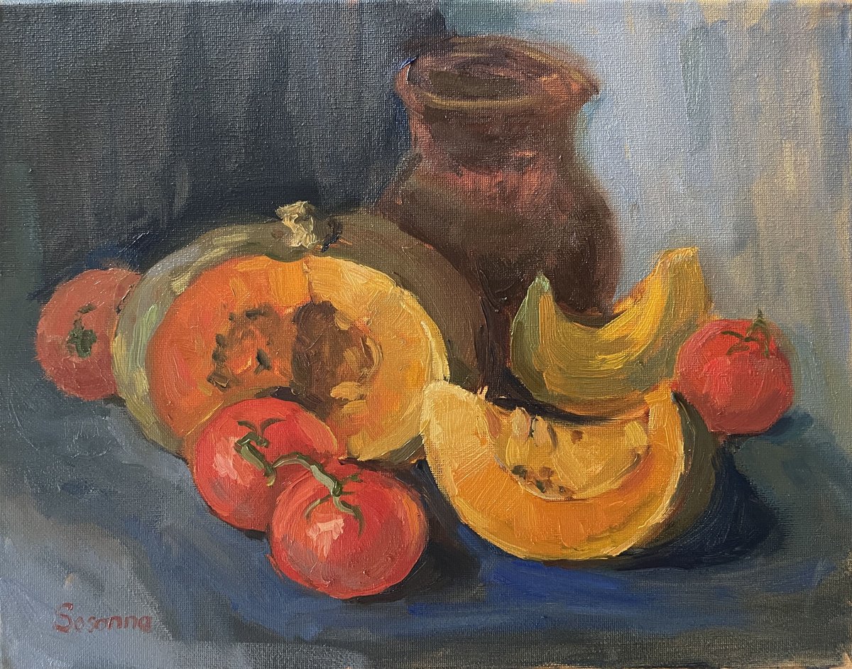 Impressionistic Still Life Oil Painting By Kate Sosonna, 14 X 11", Pumpkin And Tomatos, Original Artwork