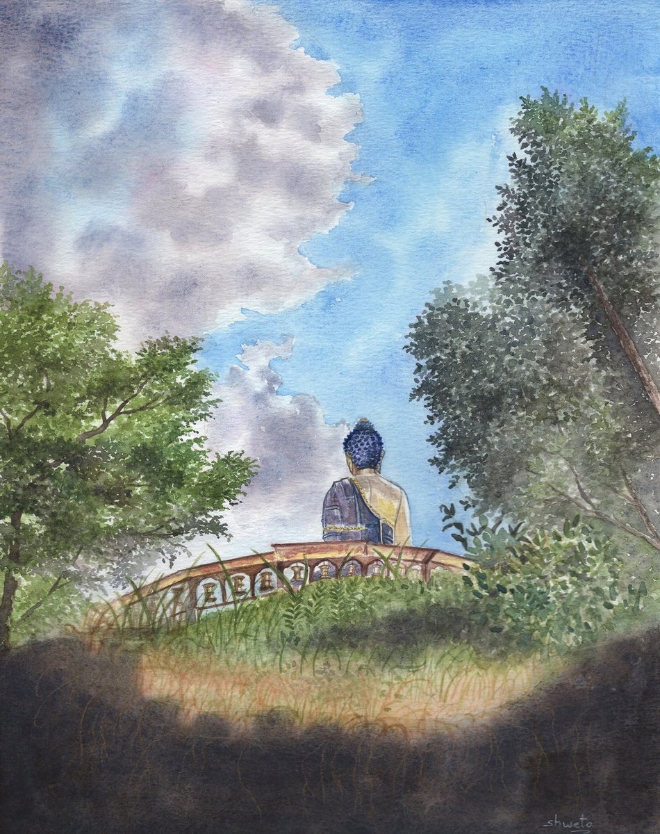 Photorealistic Landscape Watercolour By Shweta Mahajan, 8 X 12", Gautama Buddha Park, Original Artwork