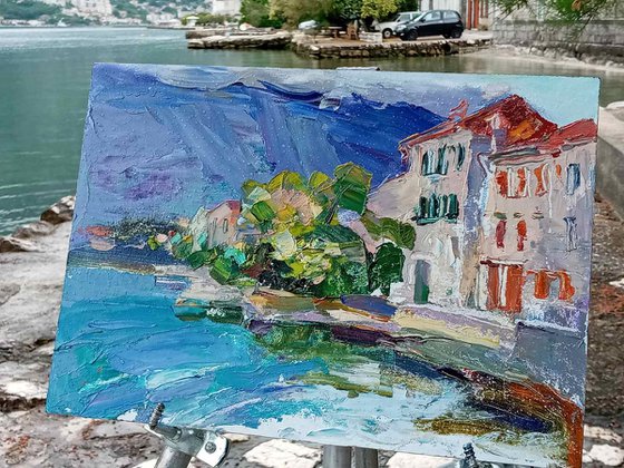 Walk through the streets of Montenegro. City Stoliv . Original plein air oil painting .