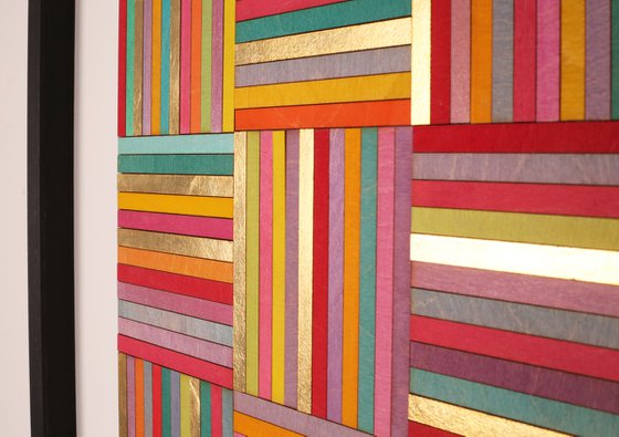 Nine panel stripe collage with gold leaf