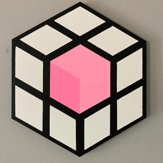 Original Modern Abstract Geometric Op Art Framed Hexagon Shaped Canvas Painting
