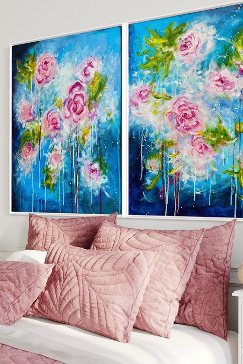 “Deep love” Acrylic Pink Roses Abstract Diptych Painting Beautiful Floral Artwork in Pink and Blue by JuliaP Art