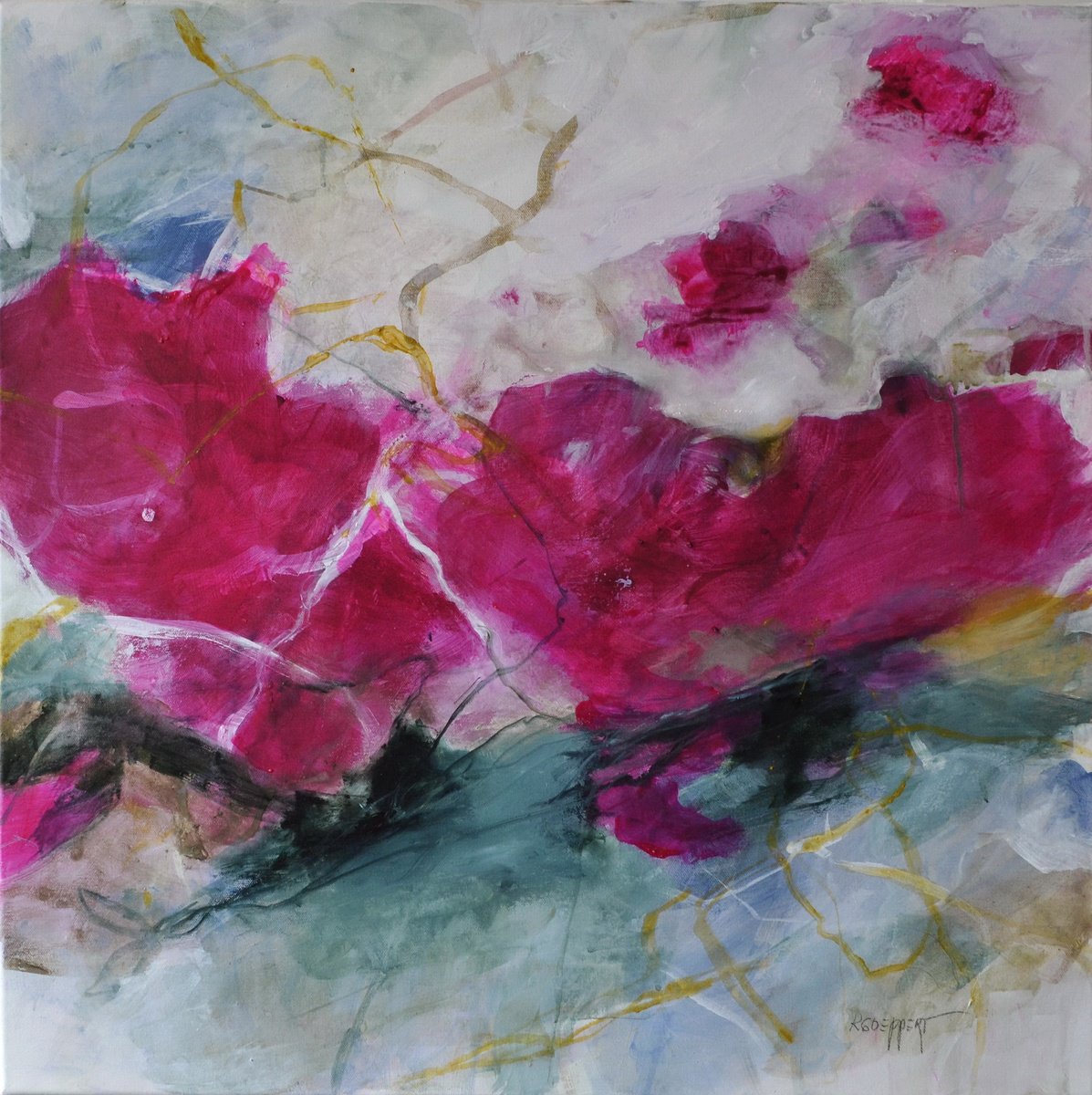 Organic Botanical Acrylic Painting By Karin Goeppert, 28 X 28", Herzstuck, Original Artwork