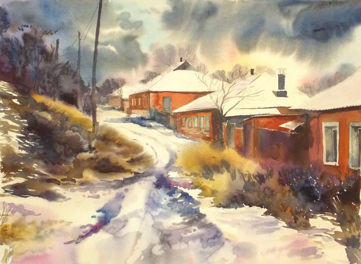 Impressionistic Cityscapes Watercolour By Yurii Pashkov, 30 X 22", First Snow, Original Artwork