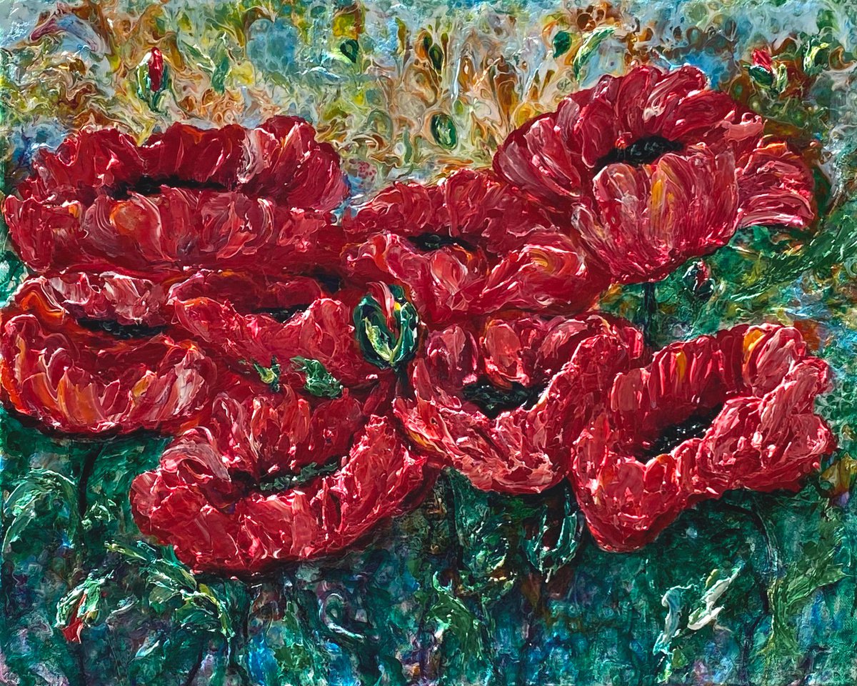 Decorative Modern Palette Knife Textured Painting of Fiery Meadow-Poppies 20 x 16 x 1.5 by Lena Owens