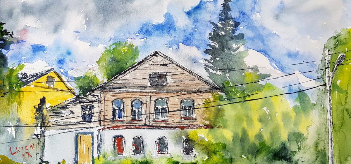 Impressionistic Cityscapes Watercolour By Leonid Kirnus, 17 X 8", Russian Street, Original Artwork