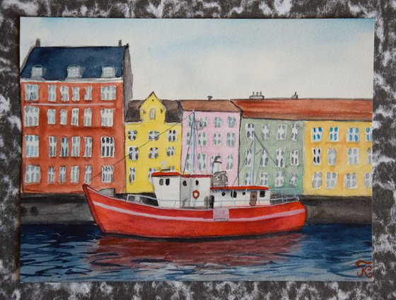 Ship in the harbour original watercolor painting, Denmark Copenhagen Nyhavn, old city architecture