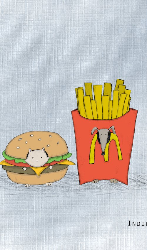 Burger and Fries - Cat and dog friends by Indie Flynn-Mylchreest of MeriLine Art