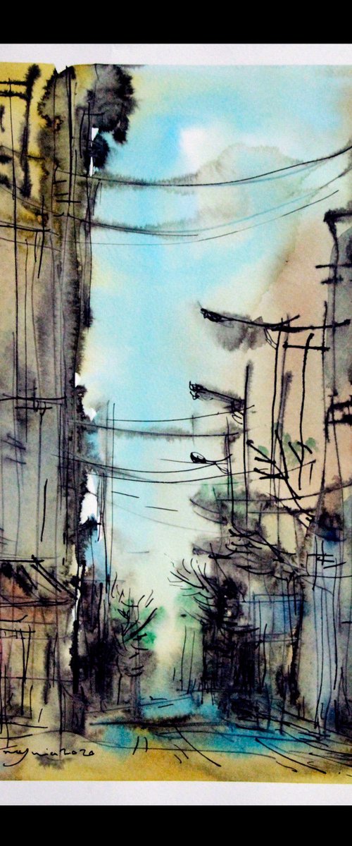 Alleys(4), Watercolor on paper, 25x 35 cm by Jamaleddin Toomajnia