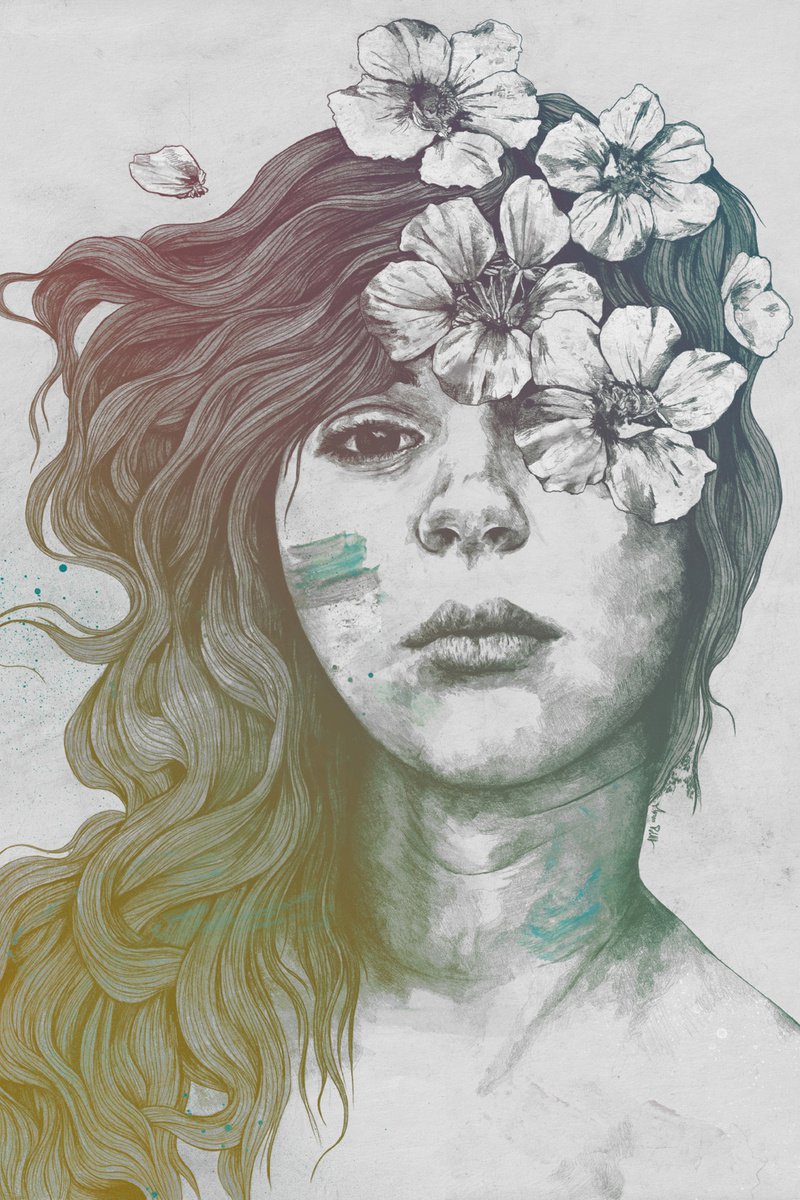 Softly Spoken Agony: rainbow | street art flower girl pencil portrait | realistic woman dr... by Marco Paludet