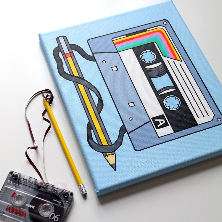 Cassette Tape and Pencil Retro Pop Art Painting Artfinder