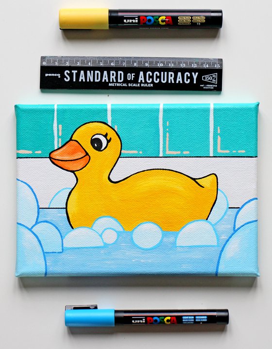 Rubber Duck in Bath Pop Art Painting On Miniature Canvas