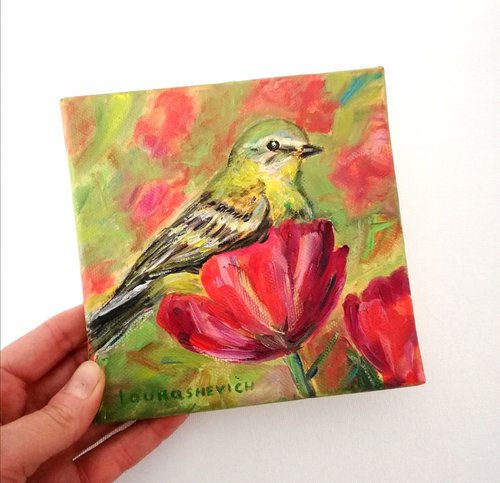 Vibrant Bird 6x6"Oil on Canvas,Exotic Bird Painting,Sweet Home Decoration,Small Square Artwork,Mini Fine Art Piece,Gallery Wall Collection by Katia Ricci