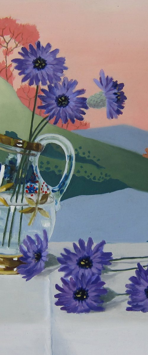 Chicory Flowers in Glass Jug. by Sophie Colmer-Stocker