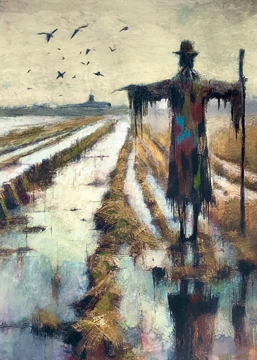 Impressionistic Landscape Painting By Sinisa Alujevic, 12 X 17", The Scarecrow, Original Artwork