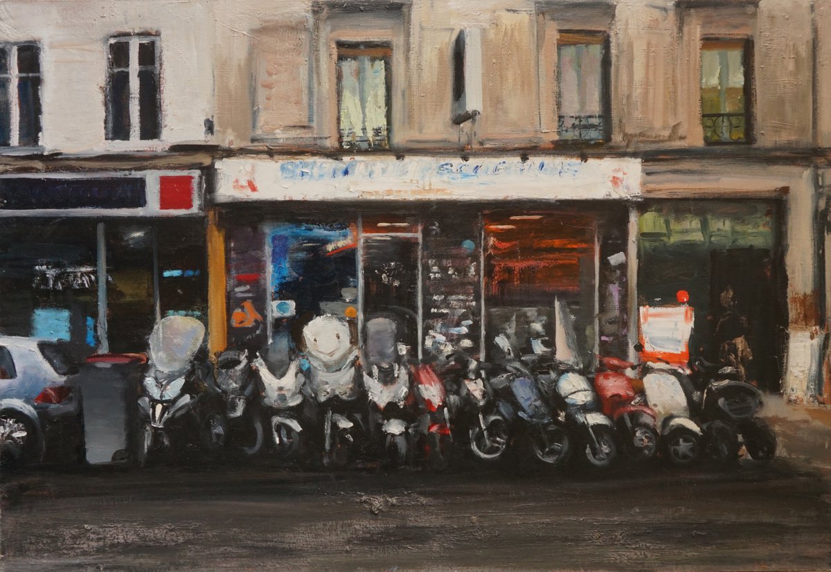 Expressive Transport Oil Painting By Manuel Leonardi, 39 X 28", Scooters ,Montreuil, Original Artwork