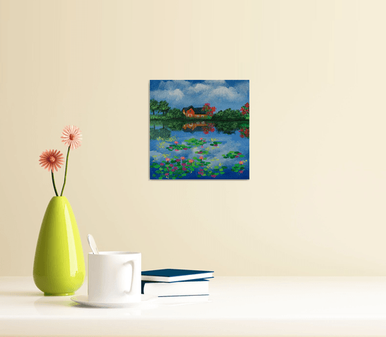 House by water lilies pond - 2 ! Small Painting!!  Ready to hang