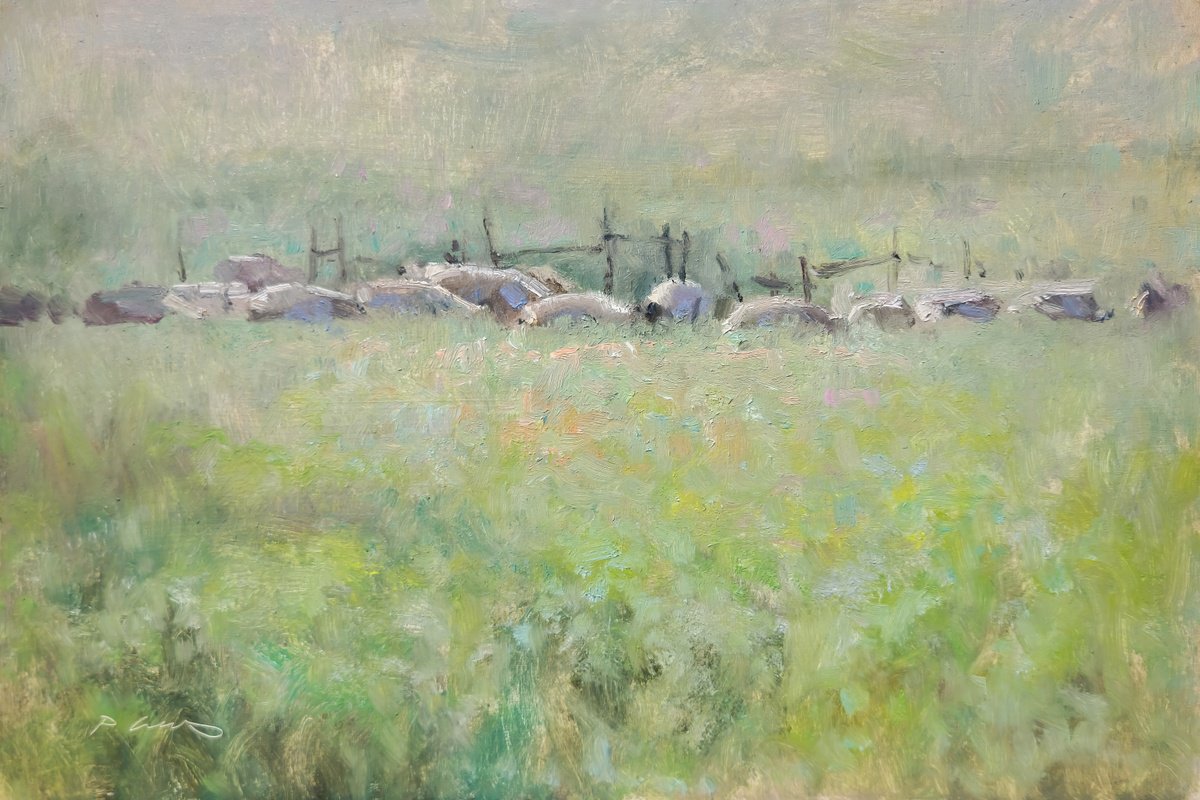 Impressionistic Animal Oil Painting By Pascal Giroud, 12 X 8", Flock Of Sheep, Original Artwork