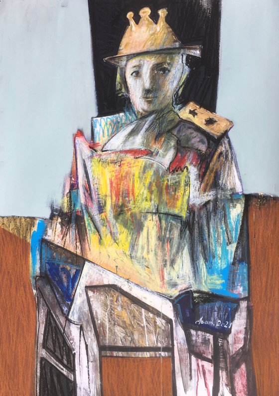 The King, 97,5x68, cardboard oil pastels acrylic,  2021