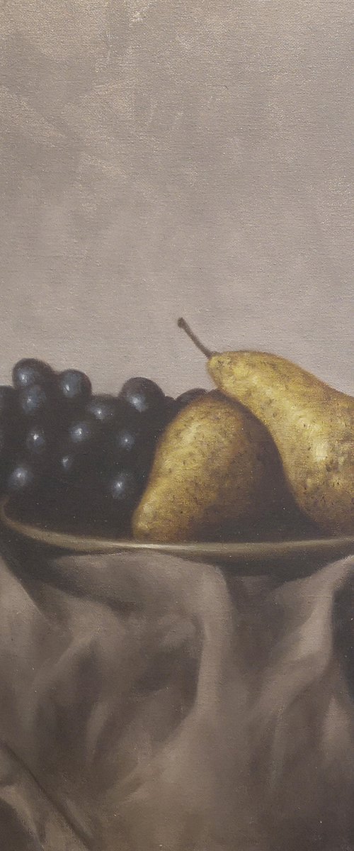 Pears and grey cloth by Mike Skidmore