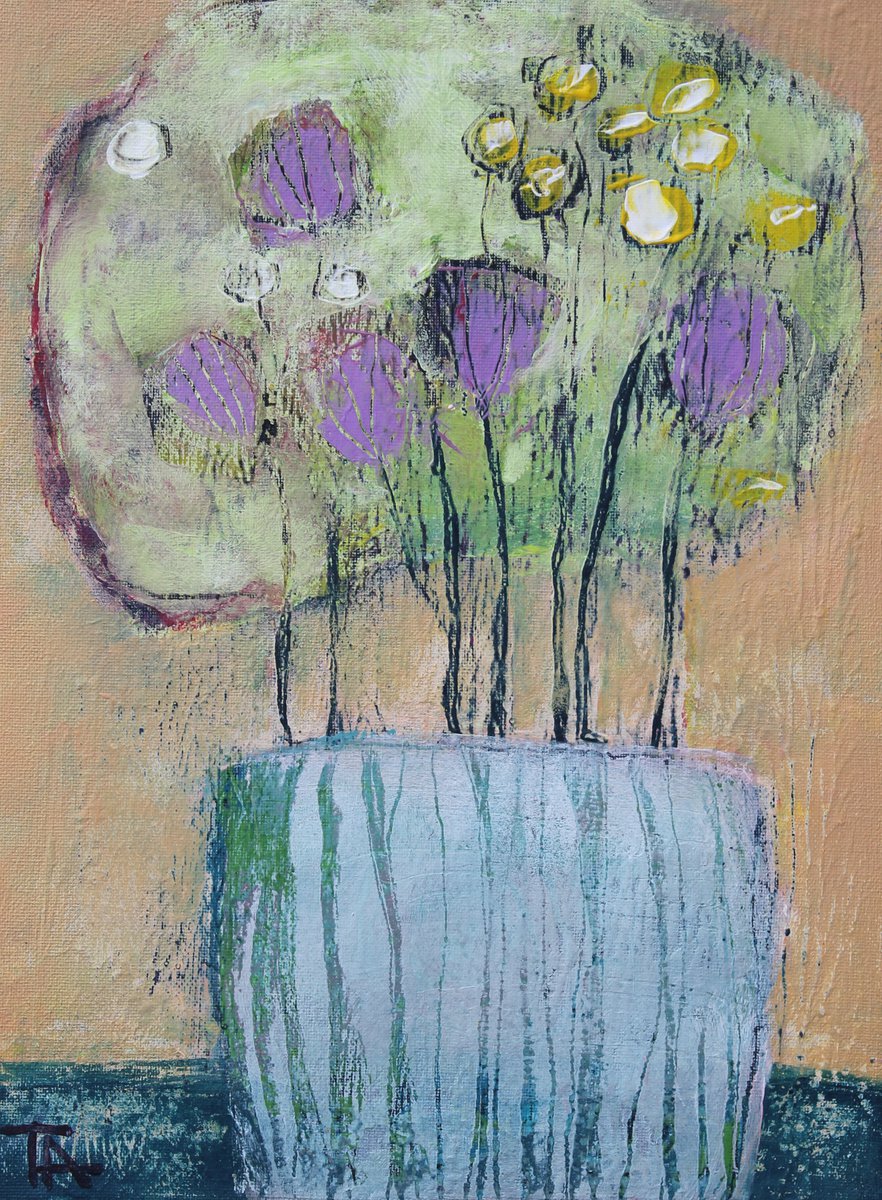 Flowers in a blue pot. by Tatjana Auschew