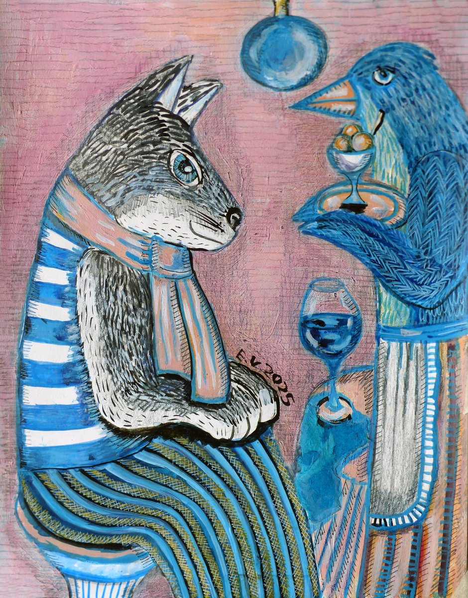 Naive Animal Painting By Elizabeth Vlasova, 11 X 14, Waiting For Dessert, Original Artwork