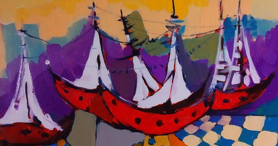 Abstract-boats (40x60cm, oil painting, ready to hang)