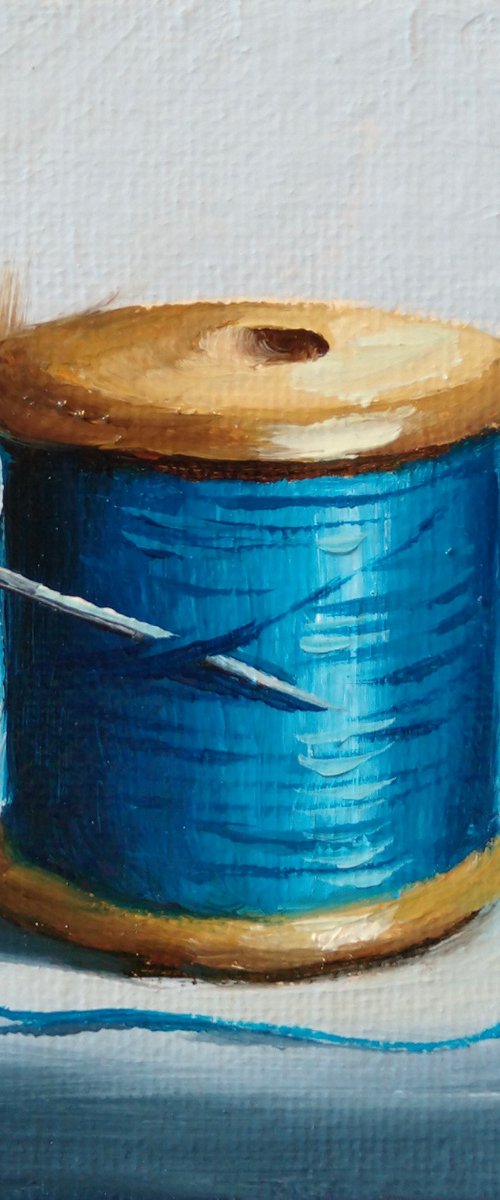 Little blue  cotton reel still life by Jane Palmer Art