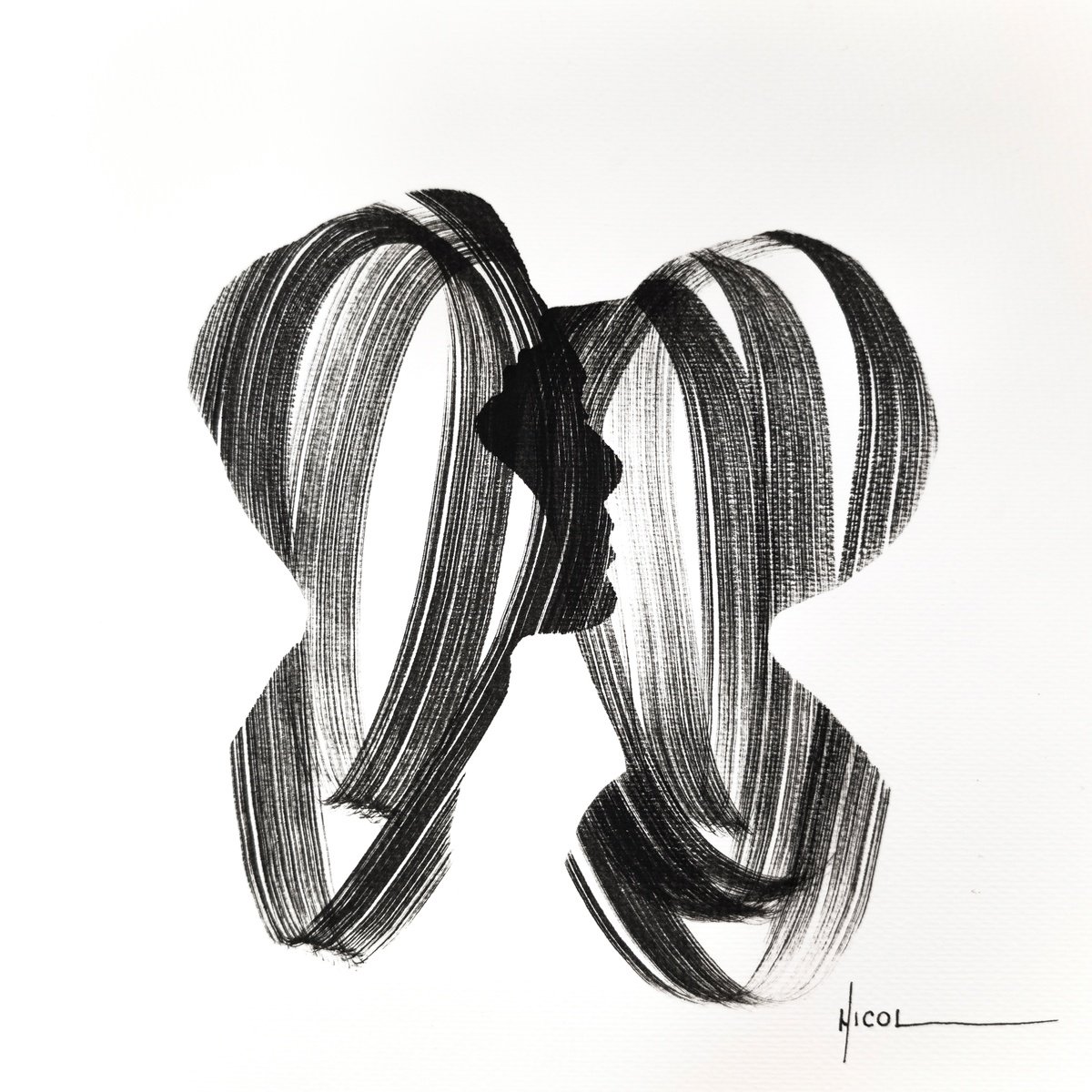 Expressive Portrait Ink Drawing By Nicol Vacaru, 11 X 11", Touch Of Silence, Original Artwork