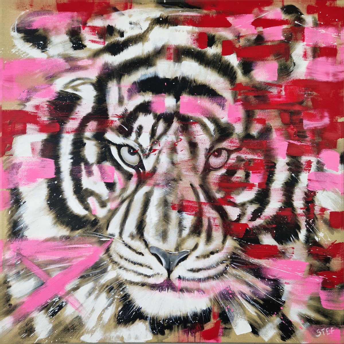 Expressive Animal Acrylic Painting By Stefanie Rogge, 39 X 39", Big Cat - Tiger #12 In Neon Pink, Original Artwork
