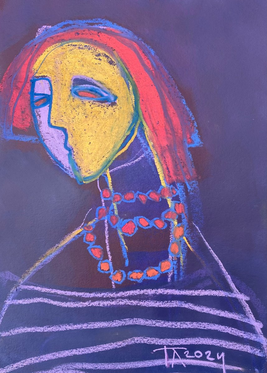 Expressive Portrait Pastel Drawing By Tatjana Auschew, 13 X 18", Woman In Red Beads., Original Artwork
