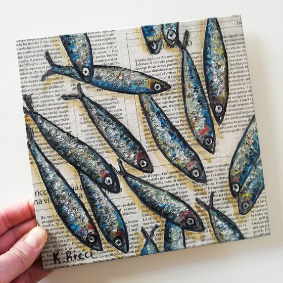 "Mixed Anchovies on Newspaper" Original Oil on Canvas Board Painting 8 by 8 inches (20x20 cm)