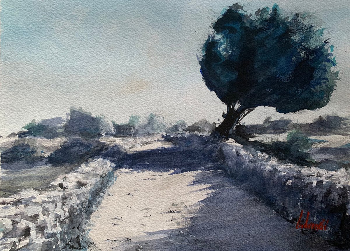 Impressionistic Landscape Watercolour By Tihomir Cirkvencic, 14 X 10", Olive Tree Shadow, Original Artwork
