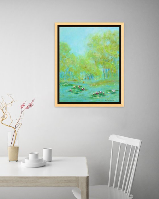 Water Lily Pond Medium Floral Painting. Green Painting on Canvas. Modern Impressionism Art