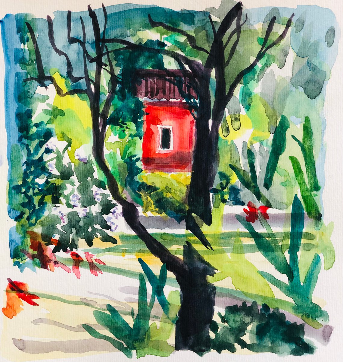 Red Villa through the trees, Greece by Annie Meier