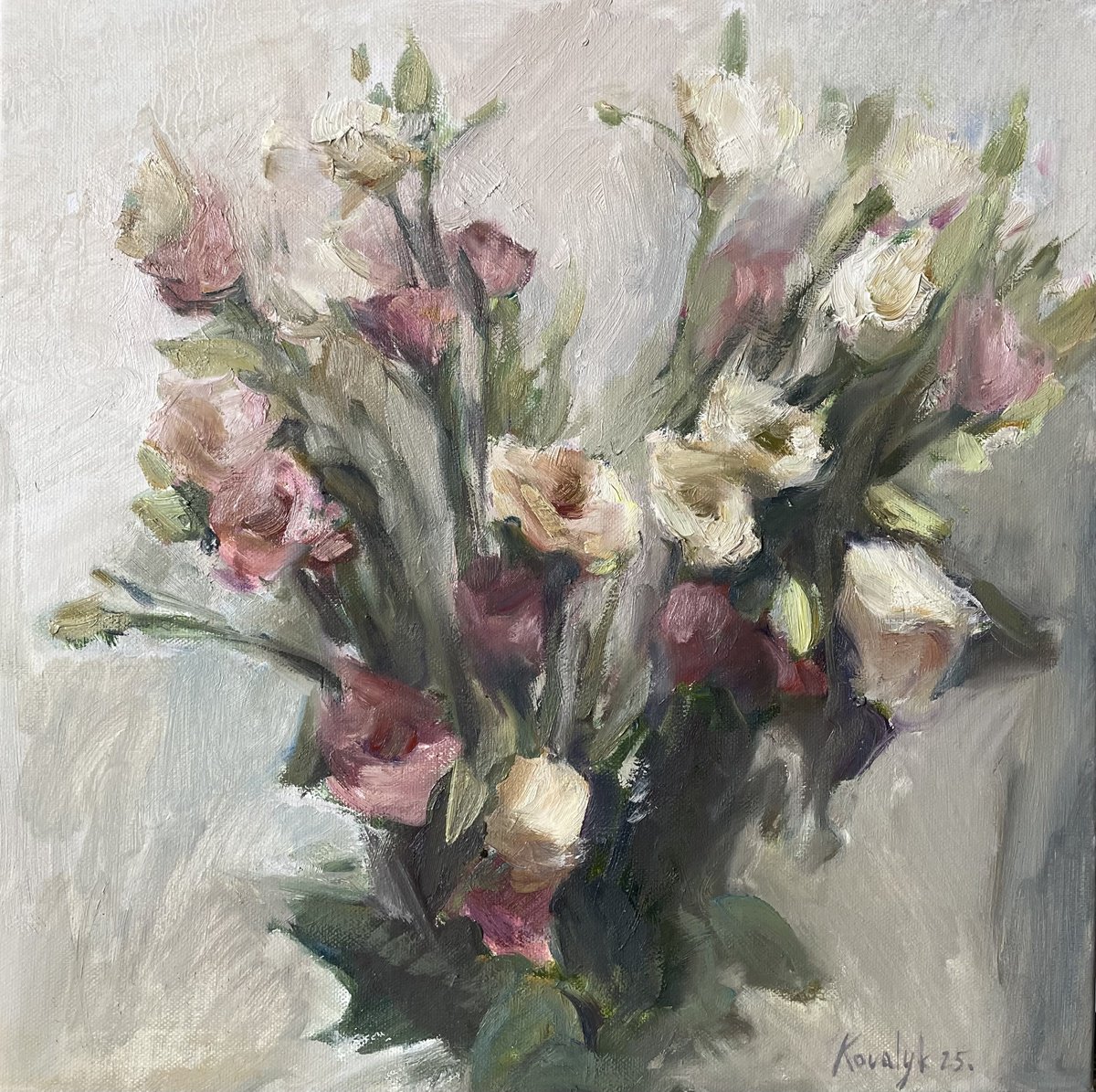 Impressionistic Botanical Oil Painting By Denys Kovalyk, 16 X 16, Pastel Harmony, Original Artwork