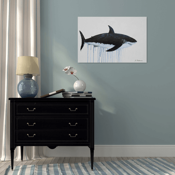 Large Abstract The Great White Shark. Acrylic painting on canvas. Ocean animals, black, white. Painting 61x91cm.